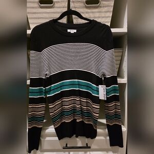 Nine West Striped Crew Neck Sweater - Black, White, Teal, Tan